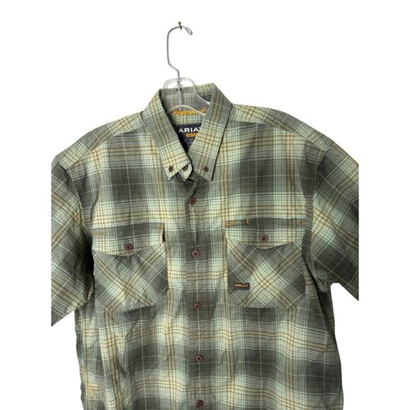 Ariat Rebar Shirt Mens medium Short Sleeve Button Down Double Pocket Plaid - Picture 2 of 3
